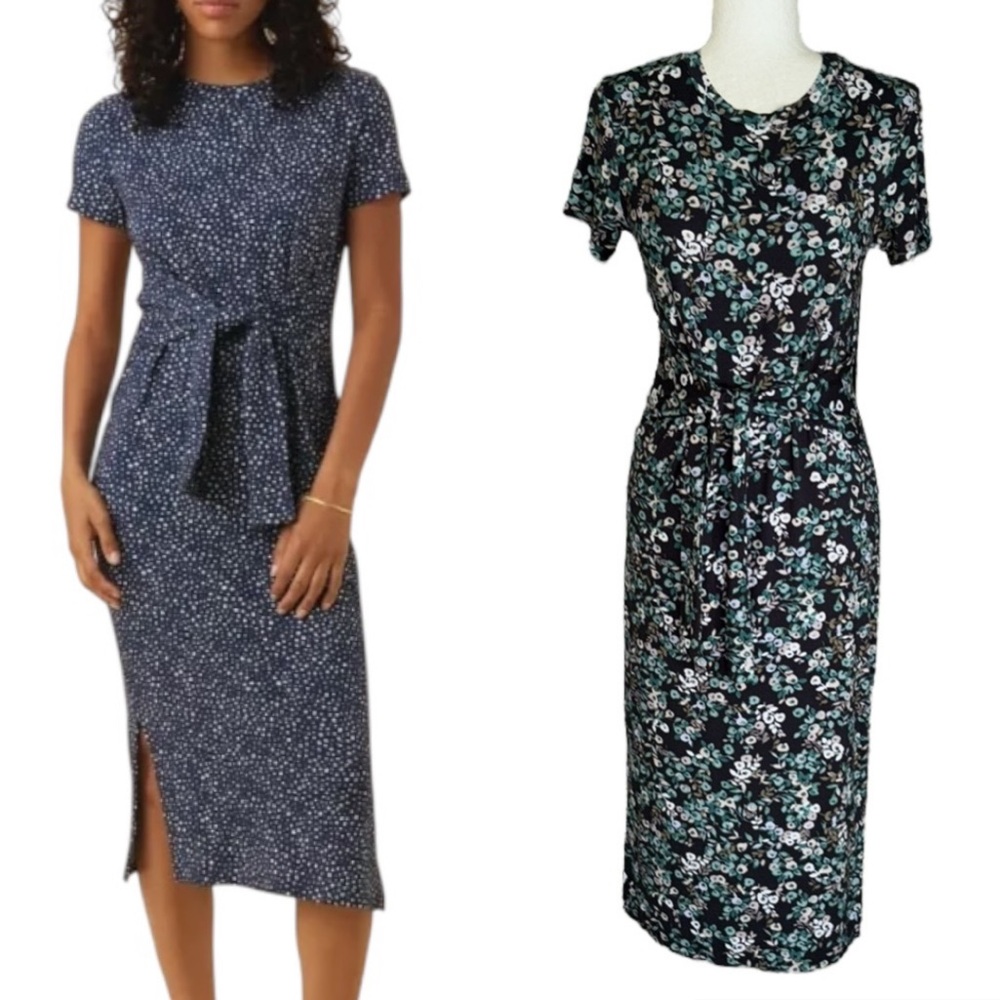 Amour Vert Castille Black Green Floral Print Tie Waist Midi Reverie Knit Dress M